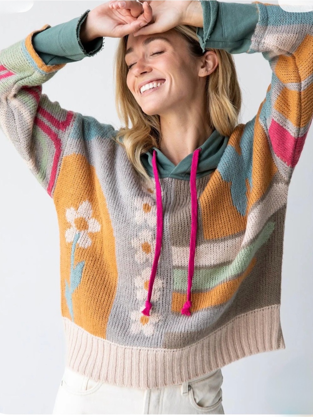 Natural Life Dreamer Jacquard Hoodie Sweater S/M Boho Floral Colorblock Bohemian
